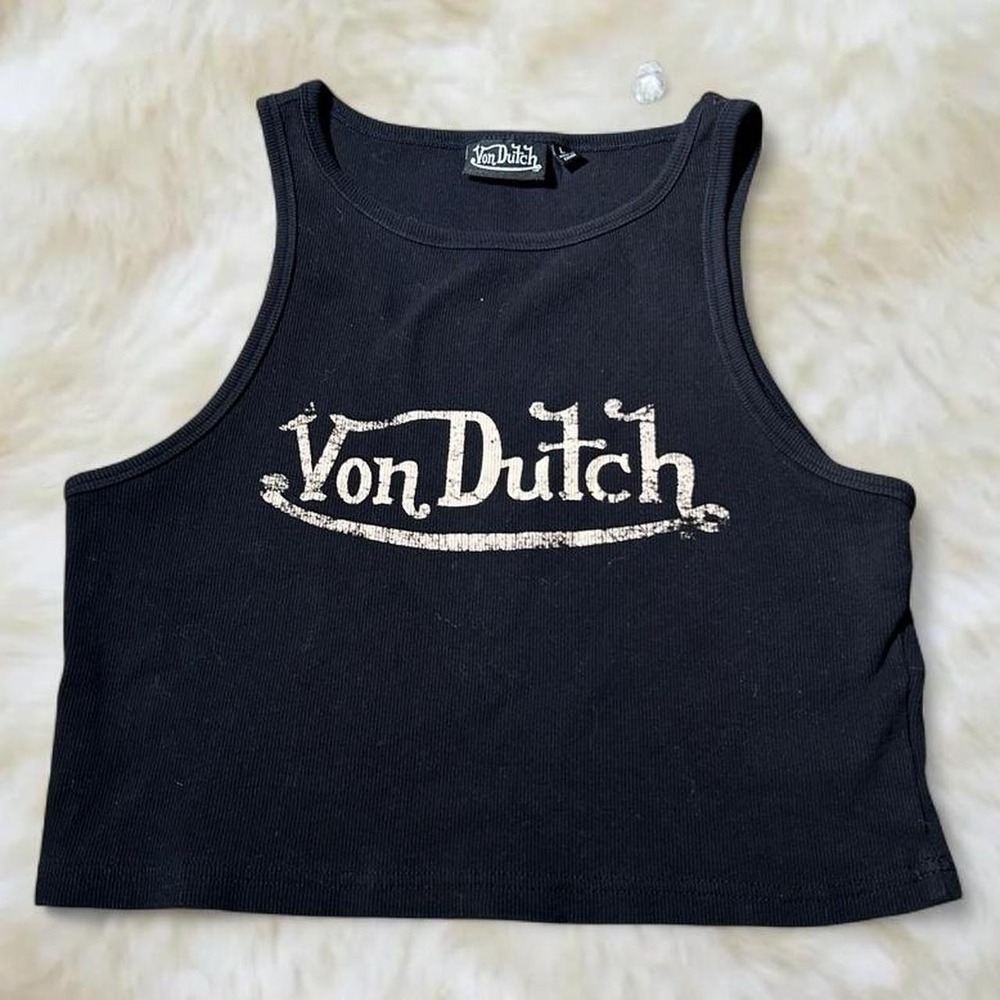 Von Dutch Black Ribbed Logo Tank Top Y2K Vintage 2000s Streetwear Large
